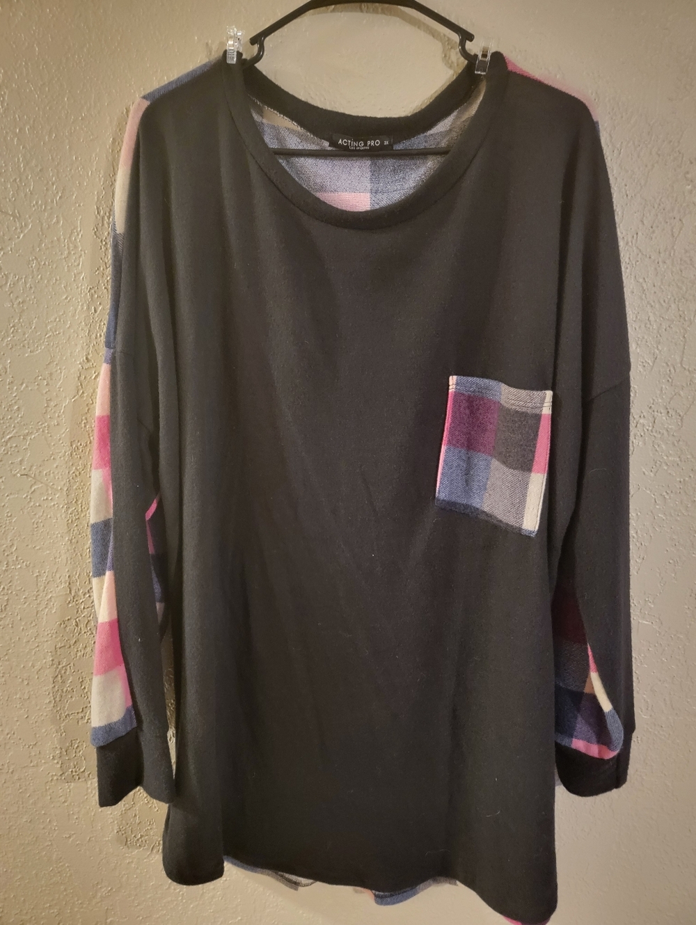 Acting Pro Black Top with Pink & Blue Plaid Accents
